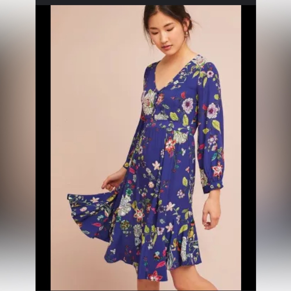 Maeve Boho Blue Maple wood Floral Fit & Flare Mini Long Sleeve Dress XS